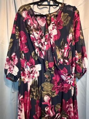 Calvin Klein Navy Layered Midi Dress with Fuchsia Floral Print